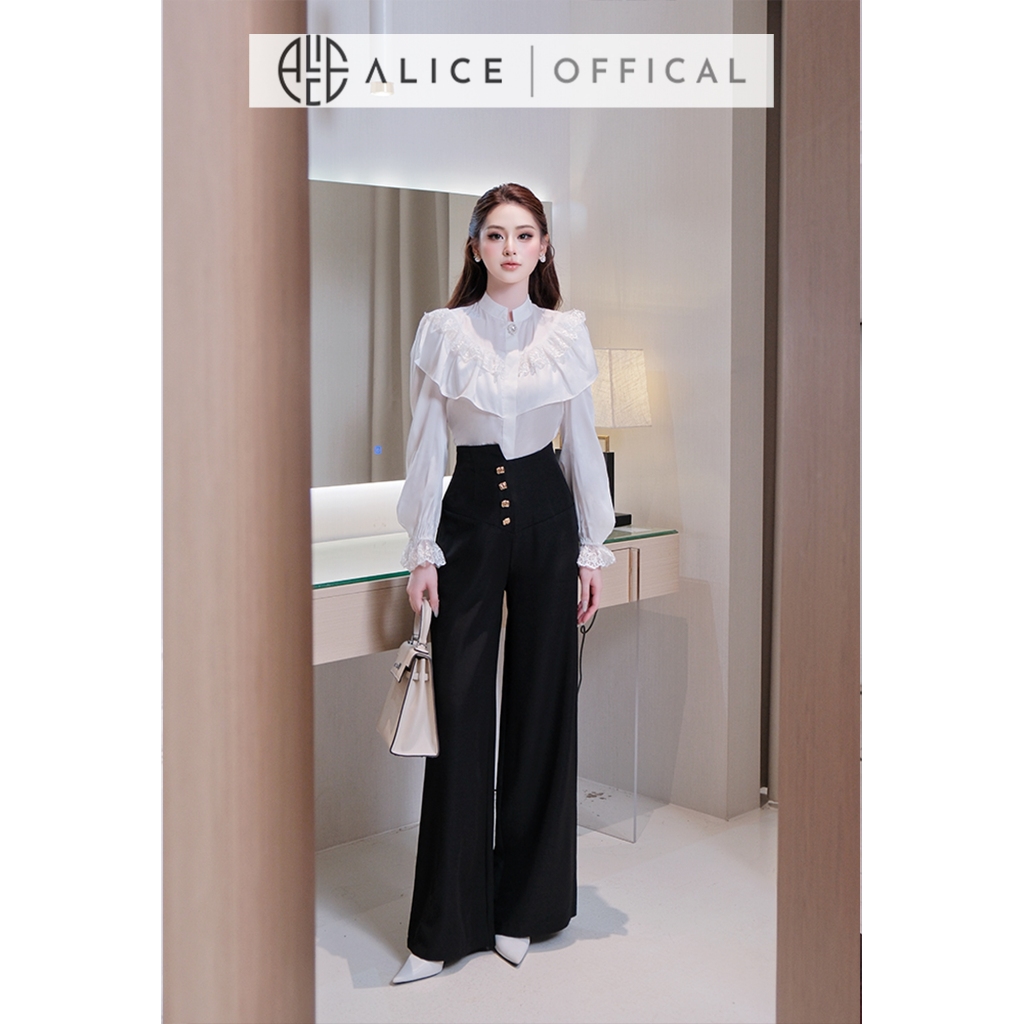 Set Đồ Công Sở Cao Cấp Alice Áo Chất Lụa Cổ Trụ Phối Bèo Vai Kèm Quần Ống Rộng Chất Chéo Hàn Lệch Vạt A1092+Q925