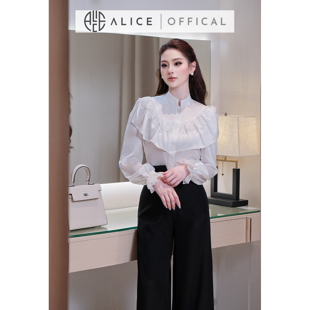 Set Đồ Công Sở Cao Cấp Alice Áo Chất Lụa Cổ Trụ Phối Bèo Vai Kèm Quần Ống Rộng Chất Chéo Hàn Lệch Vạt A1092+Q925