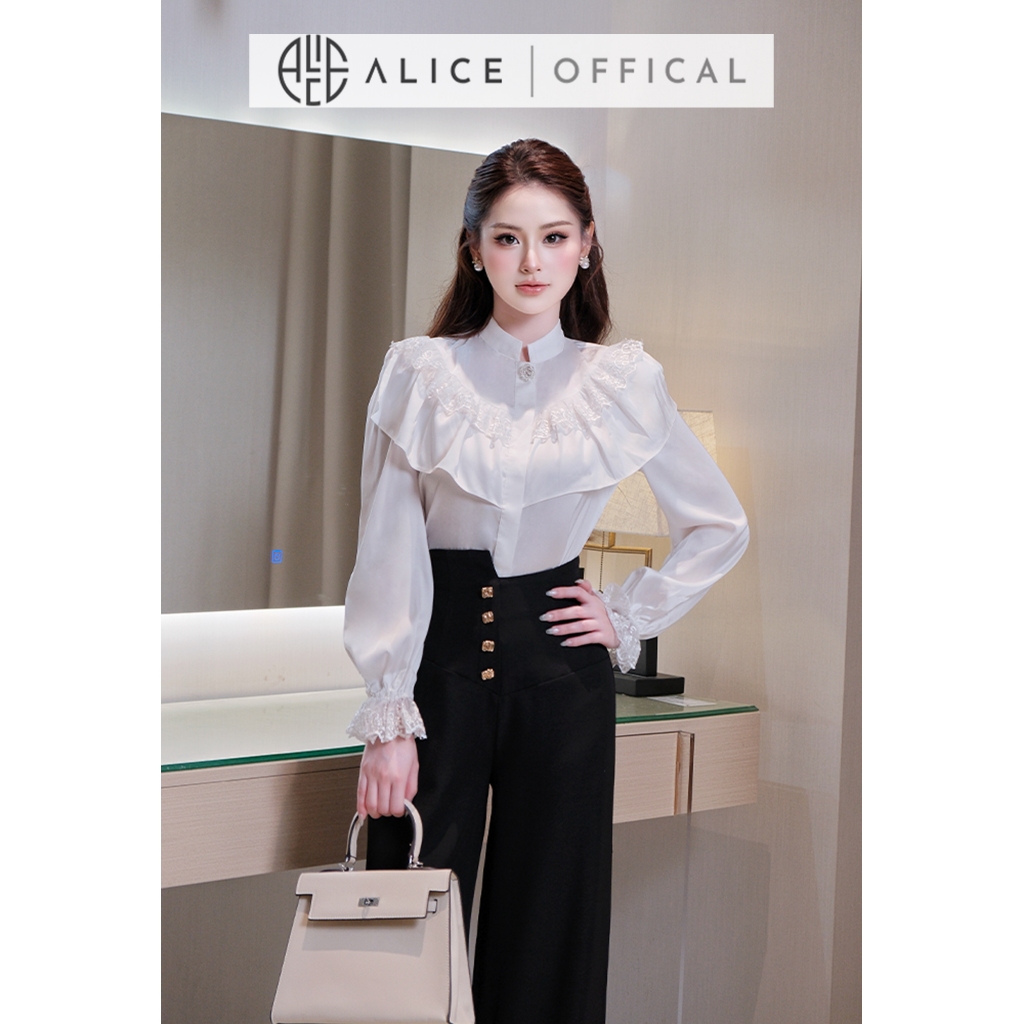 Set Đồ Công Sở Cao Cấp Alice Áo Chất Lụa Cổ Trụ Phối Bèo Vai Kèm Quần Ống Rộng Chất Chéo Hàn Lệch Vạt A1092+Q925