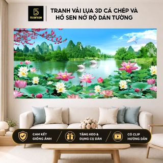 Tranh vải lụa 3d Cá Chép và Hồ Sen, Đầm Hoa, Sen Đá Decor Phòng Khách, Hàng Quán Tặng Keo Dán Tường