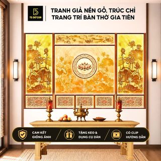 Tranh treo phòng thờ, tranh dán tường phòng thờ giả nền gỗ TS Decor, họa tiết trúc chỉ trang trí bàn thờ gia tiên