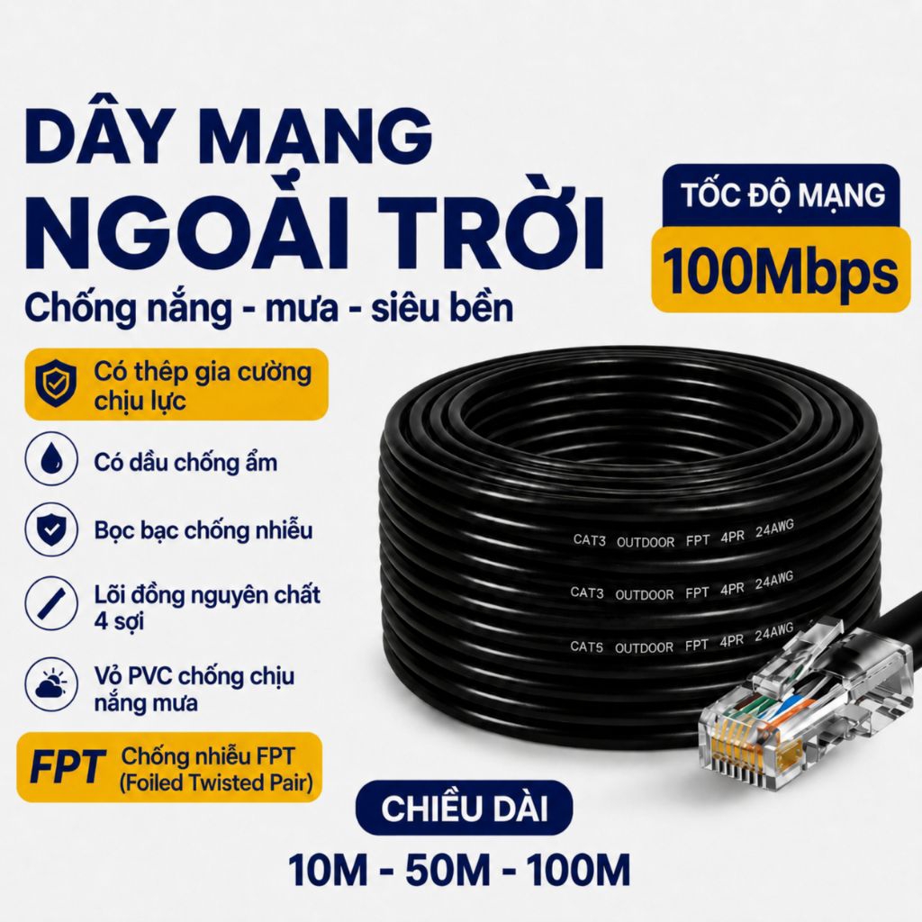 Dây Mạng Ngoài Trời Bấm Sẵn 10M - 50M - 100M Dây Cáp Mạng Lan Ngoài Trời Bọc Bạc, Dầu, Thép Trợ Lực
