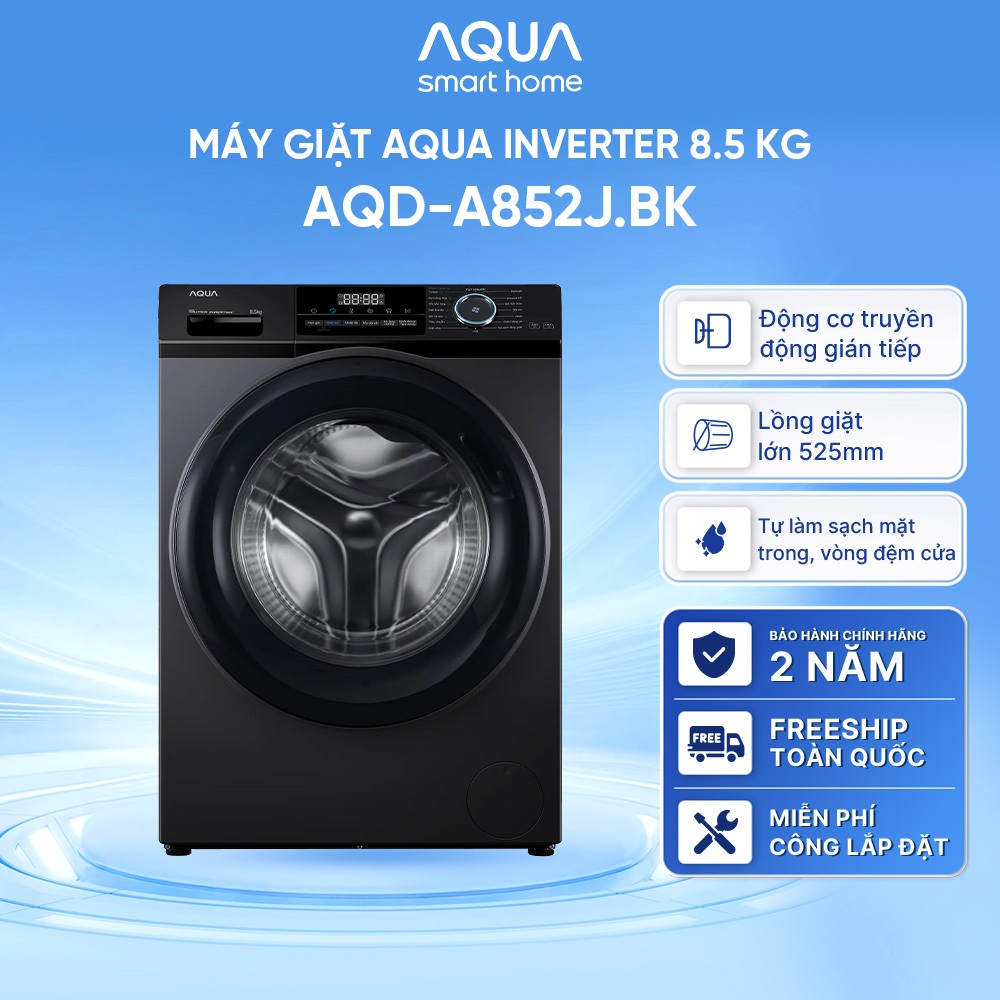 Máy giặt cửa trước Aqua Inverter 8.5KG AQD-A852J.BK - Miễn phí giao hàng toàn quốc - Hỗ trợ lắp đặt