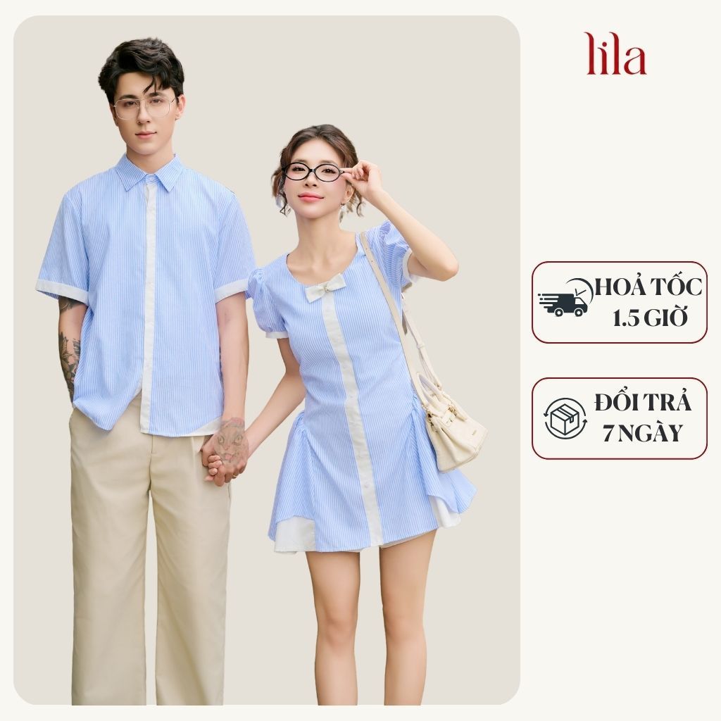Set đồ biển đôi nam nữ set couple với người yêu áo sơ mi oxford kẻ sọc nam + đầm xòe nữ thương hiệu LILA - FASI