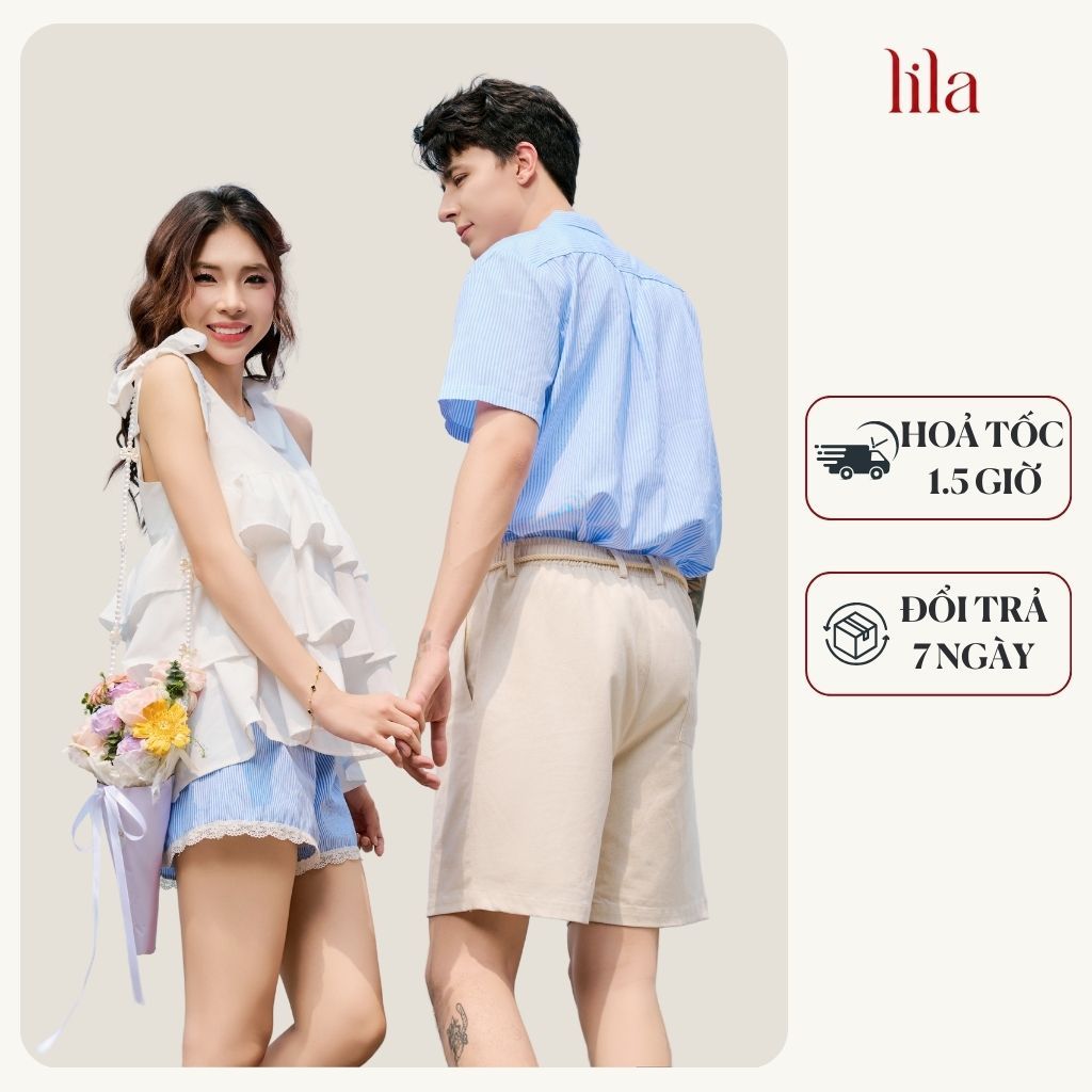 Set đồ đôi nam nữ với người yêu áo couple sơ mi nam kẻ sọc áo 2 dây quần sooc nữ thương hiệu LILA 2 - LIAKADA