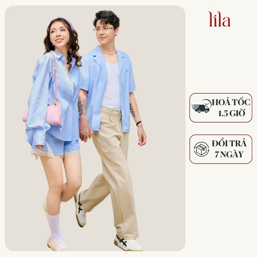 Set đồ biển đôi nam nữ set couple với người yêu áo sơ mi  nam + đầm maxi xòe áo trễ vai nữ thương hiệu LILA - AVRIO