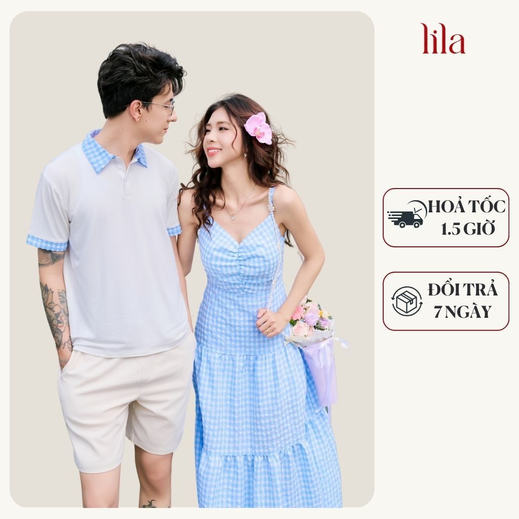 Set đồ biển đôi nam nữ set couple với người yêu áo polo nam + đầm maxi nữ đi du lịch, đi biển - DROSIA