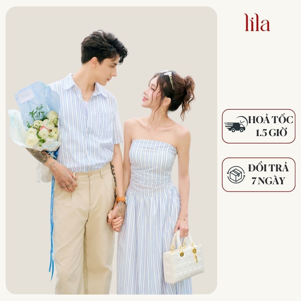 Set đồ biển đôi nam nữ set couple với người yêu áo sơ mi oxford nam + đầm maxi nữ thương hiệu LILA - PERI