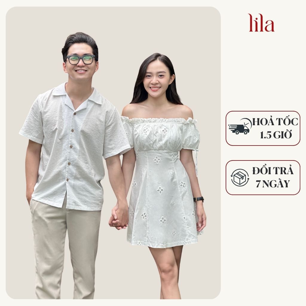 Set áo sơ mi trắng nam váy trễ vai nữ Pretty 2 lớp dày dặn, đồ đôi đi biển, chụp ảnh couple - LILACLOTHES