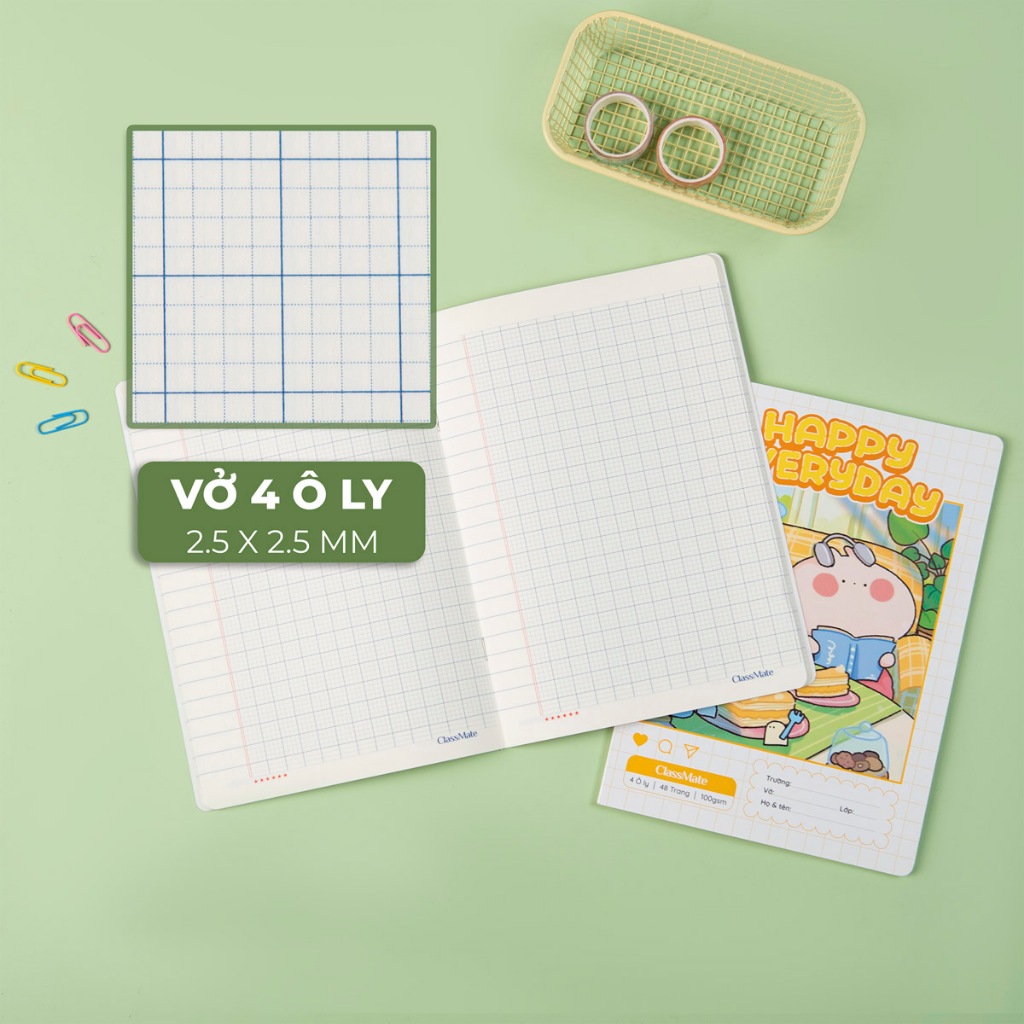 Vở Ô Ly Cấp 1 Miền Bắc Classmate Vở 4 Ô Li 2.5x2.5mm 100gsm, 48 Trang, Giấy Chống Loá Không Thấm Mực Sang Trang Sau