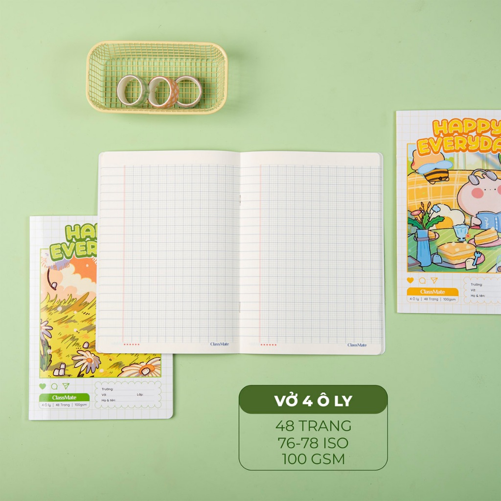 Vở Ô Ly Cấp 1 Miền Bắc Classmate Vở 4 Ô Li 2.5x2.5mm 100gsm, 48 Trang, Giấy Chống Loá Không Thấm Mực Sang Trang Sau