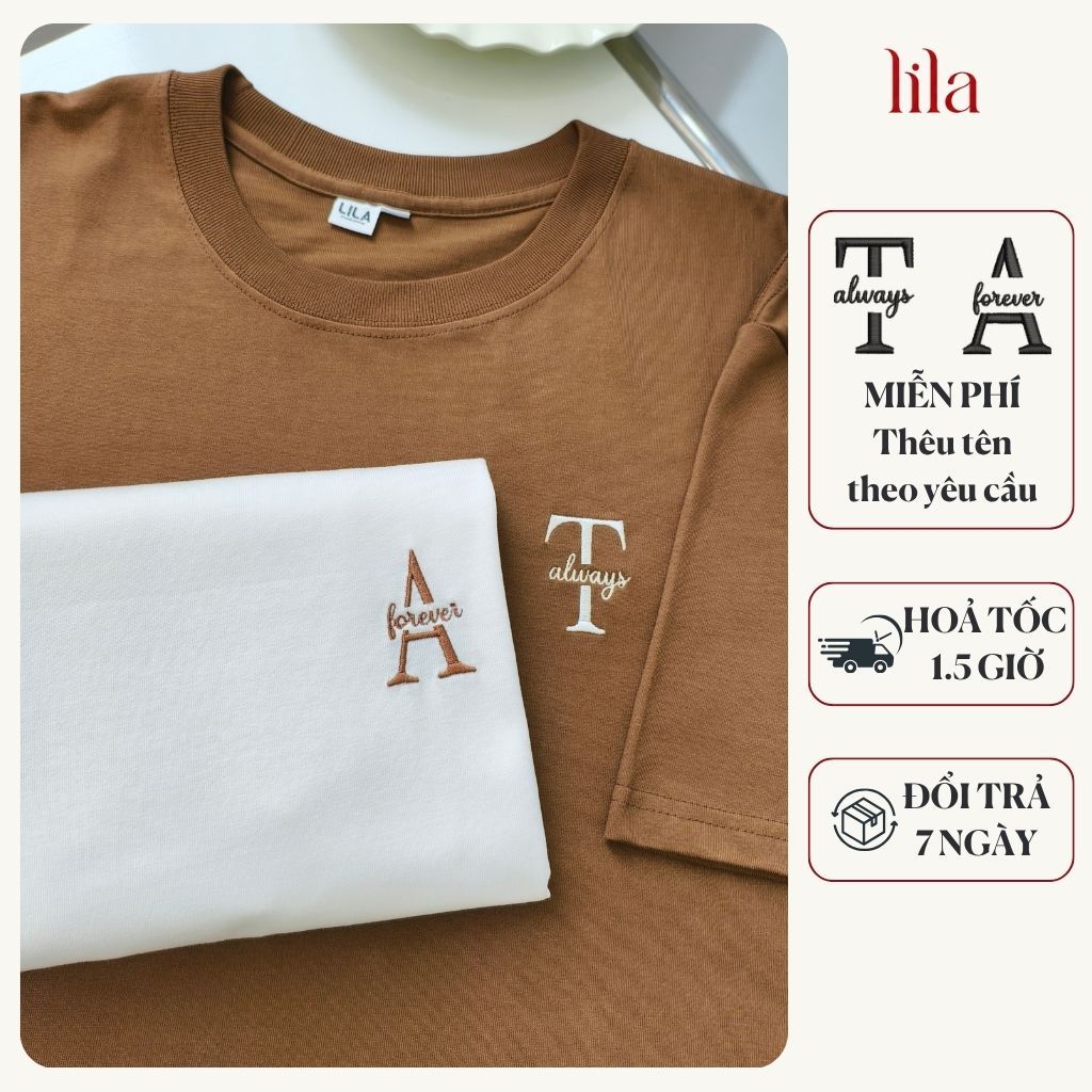 Áo thun nam nữ, áo phông unisex Initial thêu theo yêu cầu chất cotton mềm mịn - Lila đồ đôi
