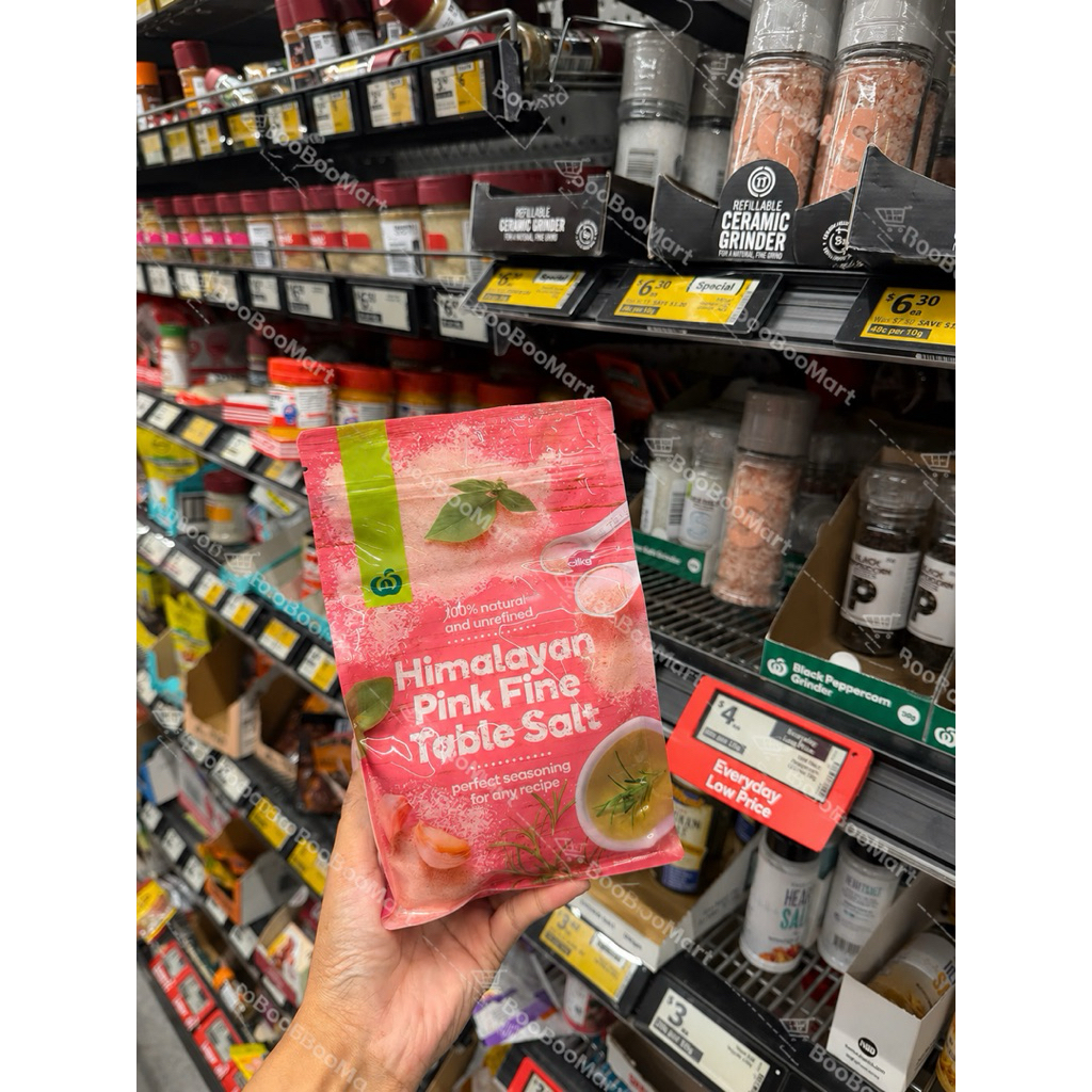 Muối hồng Himalayan Pink Fine Table Salt Woolworths ÚC - Hộp 750g và Túi 1kg (Dạng mịn)