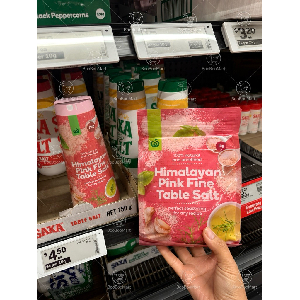 Muối hồng Himalayan Pink Fine Table Salt Woolworths ÚC - Hộp 750g và Túi 1kg (Dạng mịn)