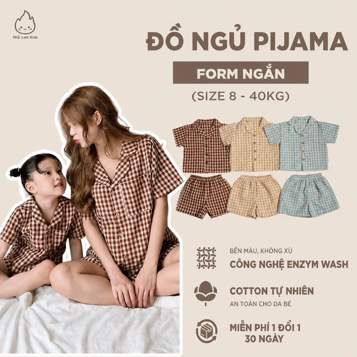 Đồ ngủ Pijama cho mẹ và bé tay ngắn, set đồ đôi gia đình mùa hè chất đũi xốp thoáng mát, thấm hút mồ hôi Nhà Lem
