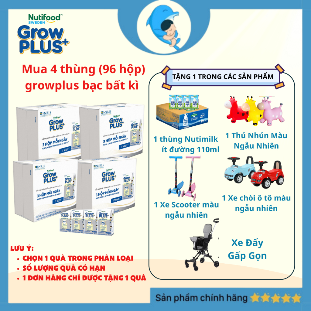 [KT] [Combo 4 thùng bạc tặng quà] Sữa Bột Pha Sẵn  Grow plus+ Cao lớn vượt trội 110ml/180ml MECAHEO ( 24 hộp/thùng)