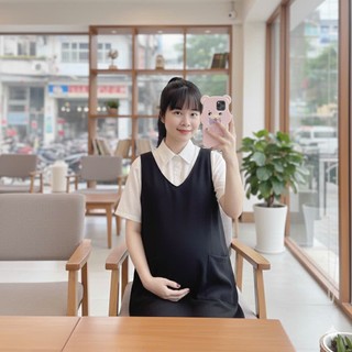 Sét yếm bầu công sở cổ tim dáng xuông có túi ốp thân trước