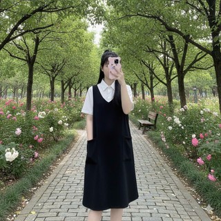 Sét yếm bầu công sở cổ tim dáng xuông có túi ốp thân trước