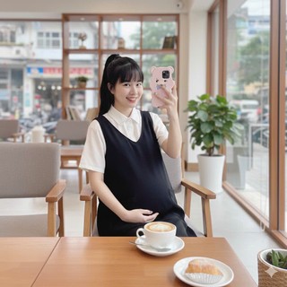 Sét yếm bầu công sở cổ tim dáng xuông có túi ốp thân trước
