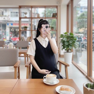 Sét yếm bầu công sở cổ tim dáng xuông có túi ốp thân trước