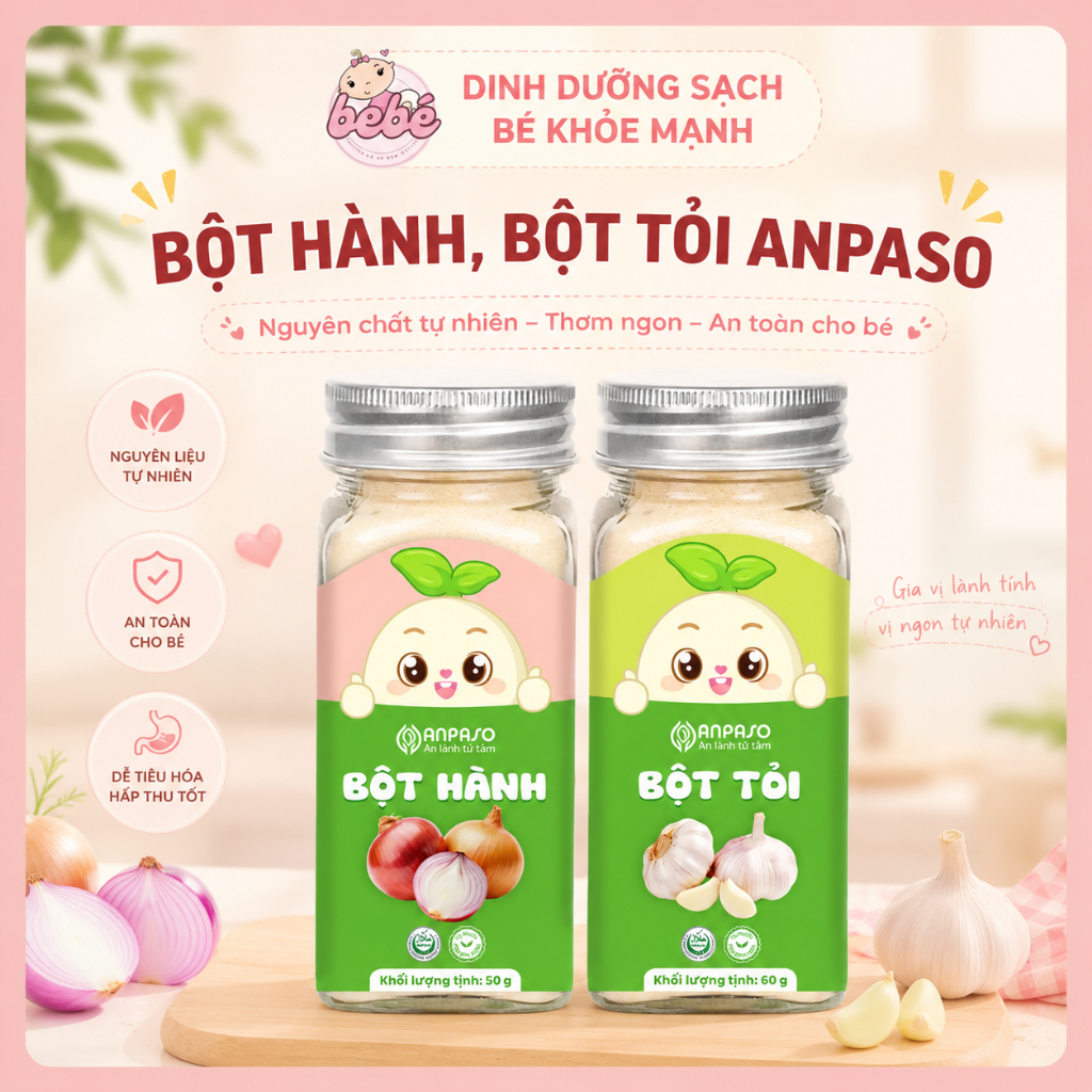 Bột hành, bột tỏi Anpaso cho bé ăn dặm. Giúp đẩy vị món ăn, an toàn cho bé và gia đình