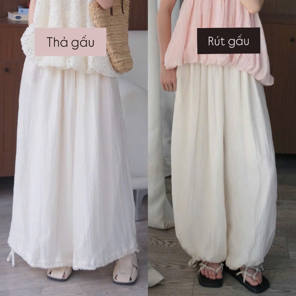 Quần voan tơ màu kem be dây rút gấu Nữ the.sweaterweather TSW