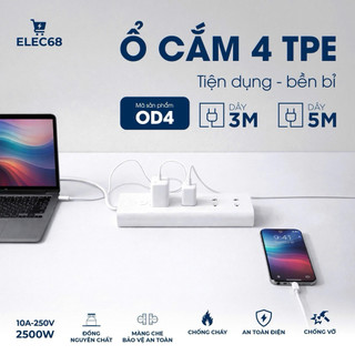 Ổ cắm điện 4 lỗ TPE - Chính Hãng 3m / 5m chân cắm đồng nguyên chất, an toàn - OD4-thietbidienelec68