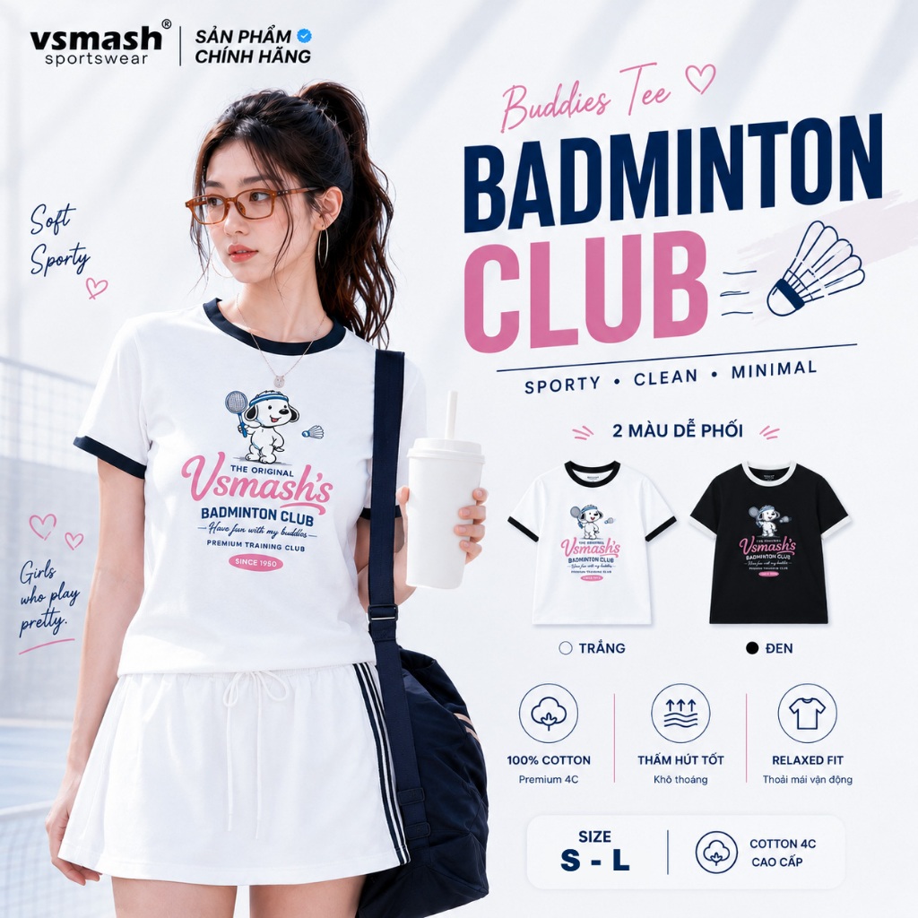 Áo Thun Cầu Lông Nữ Vsmash Sportwear BUDDIES TEE – Vải Bông Em Bé Mềm Mịn, Thoáng Mát, Thấm hút tốt, Co giãn