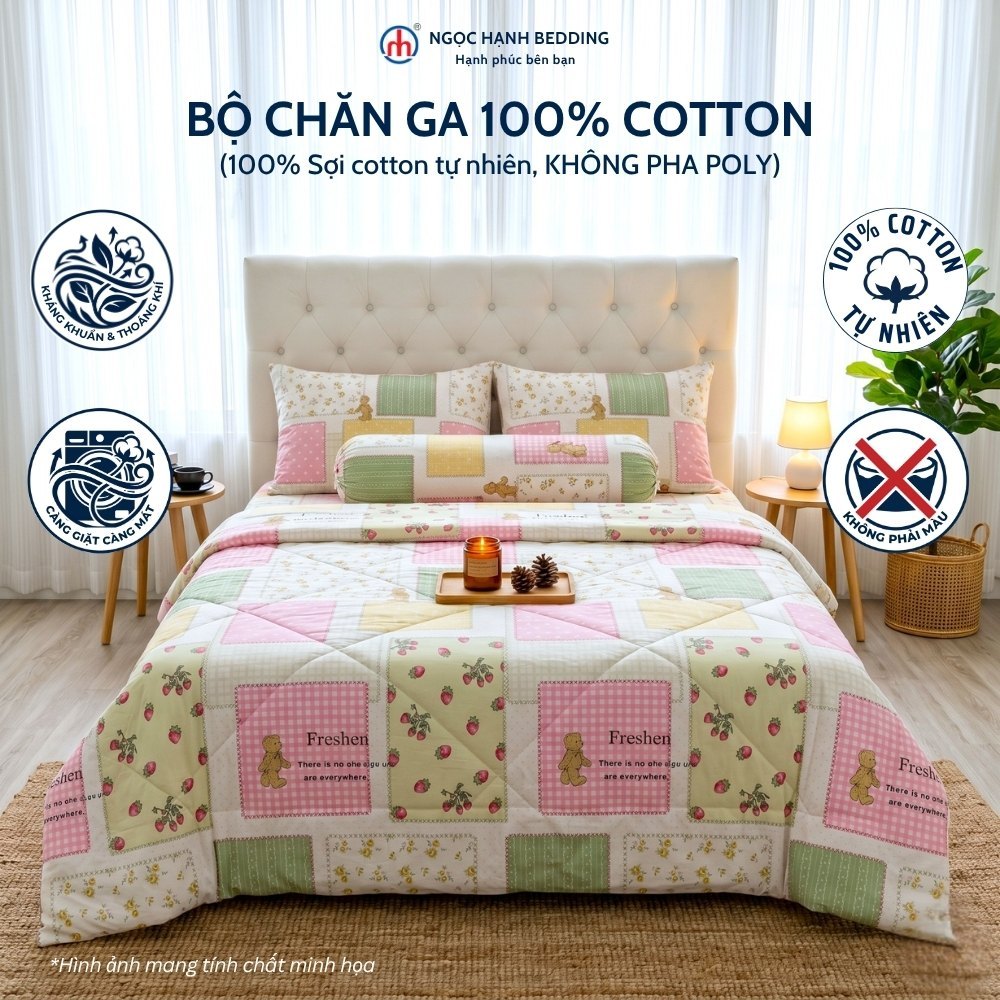[Nệm 10 15 20cm] BỘ CHĂN GA COTTON 100%, KHÔNG PHA POLY, THOÁNG MÁT, CÀNG GIẶT CÀNG MÁT - Ngọc Hạnh Bedding