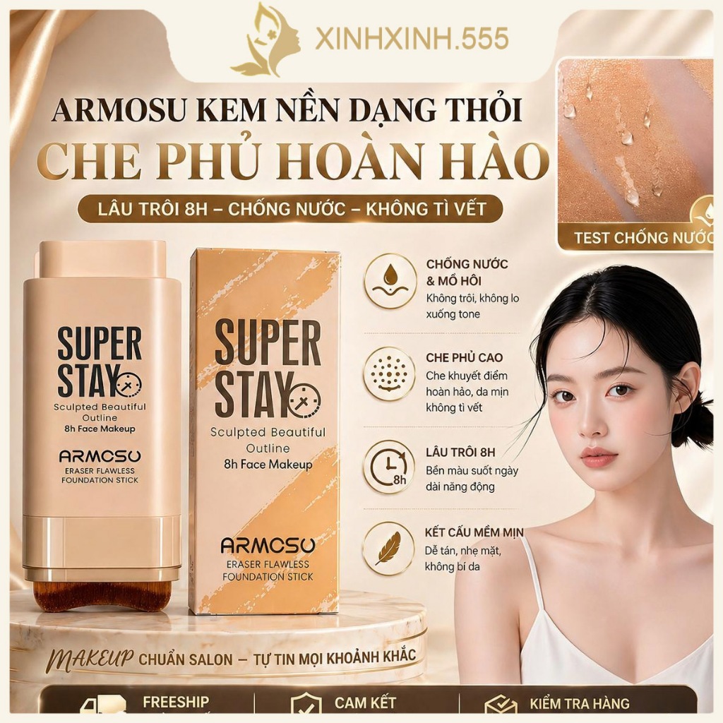 ARMOSU Kem nền dạng thỏi, Che phủ khuyết điểm, lâu trôi 8h, chống nước, Hết lo mốc nền, bóng dầu, lâu trôi, chuẩn salon