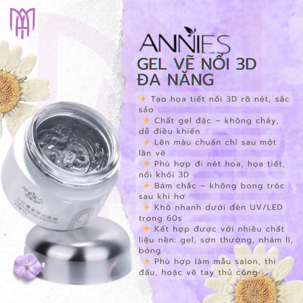 [Mua5Tặng1] Gel Vẽ Nổi 3D Annies Thuỷ Tinh Không Chảy - Nặn Hoa, Nối Móng, Tráng Gương - 20g