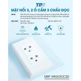 Mặt Nổi 3, 2 Ổ Cắm Điện 3 Chấu Ngang / Dọc TPE, Chính Hãng - thietbidienelec68