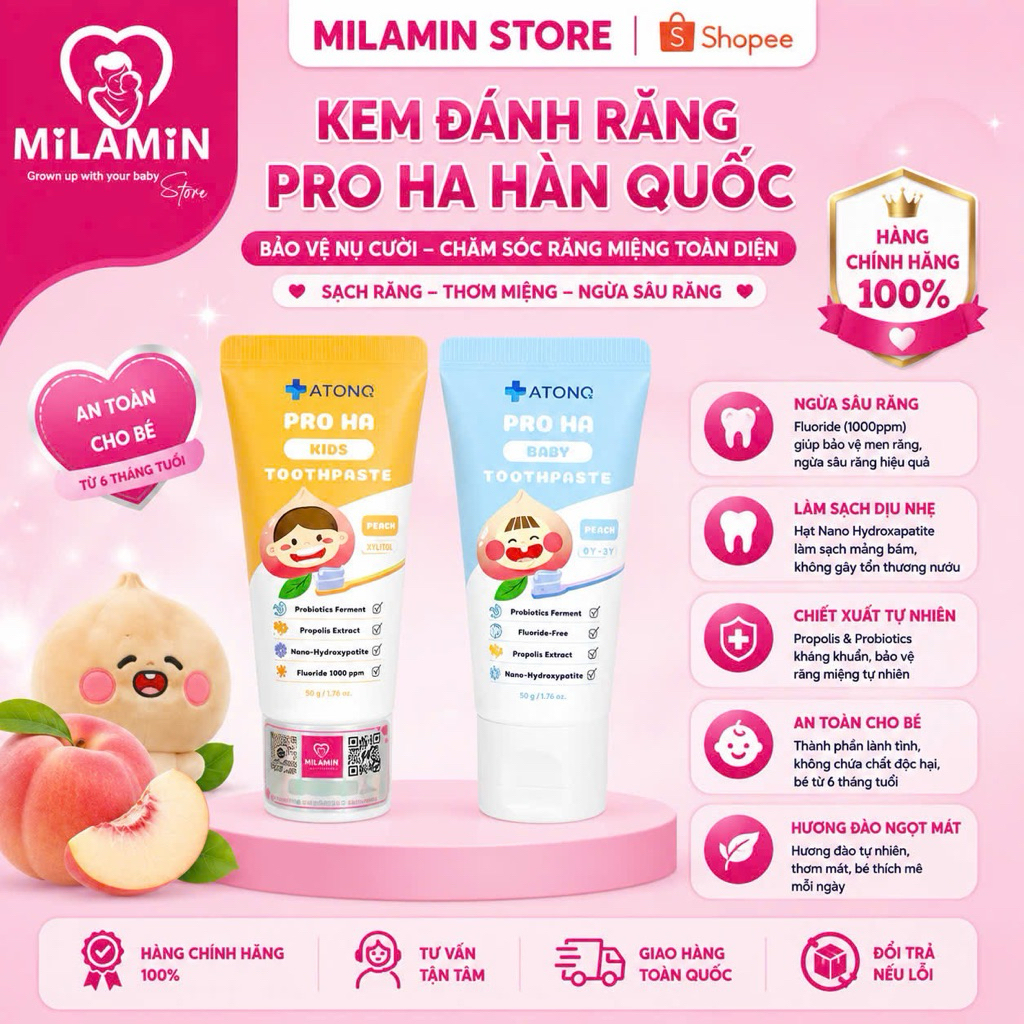 Kem đánh răng lợi khuẩn PRO HA ATONO2, Bảo vệ nướu và men răng toàn diện, phòng ngừa sâu răng cho bé từ sơ sinh (50g)
