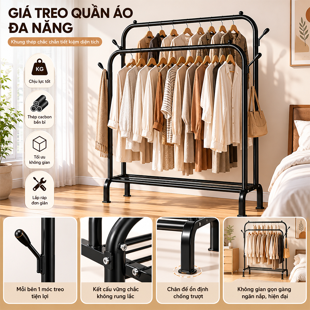 Giá Treo Quần Áo Cao Cấp Thép Cacbon Kệ Treo Quần Áo Bằng Thép Tiện Lợi