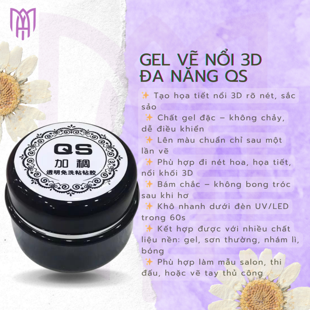 [Mua5Tặng1] Gel Vẽ Nổi 3D QS Thuỷ Tinh Đa Năng - Đính Đá, Làm Dày Móng, Tráng Gương, Top Bóng - 20g