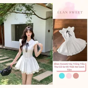 Váy Trắng Tiểu Thư Cổ Sơ Mi Thắt Nơ Cánh Tiên, Váy Công Chúa Dáng Ngắn Xòe Phồng Phối Ren Cao Cấp