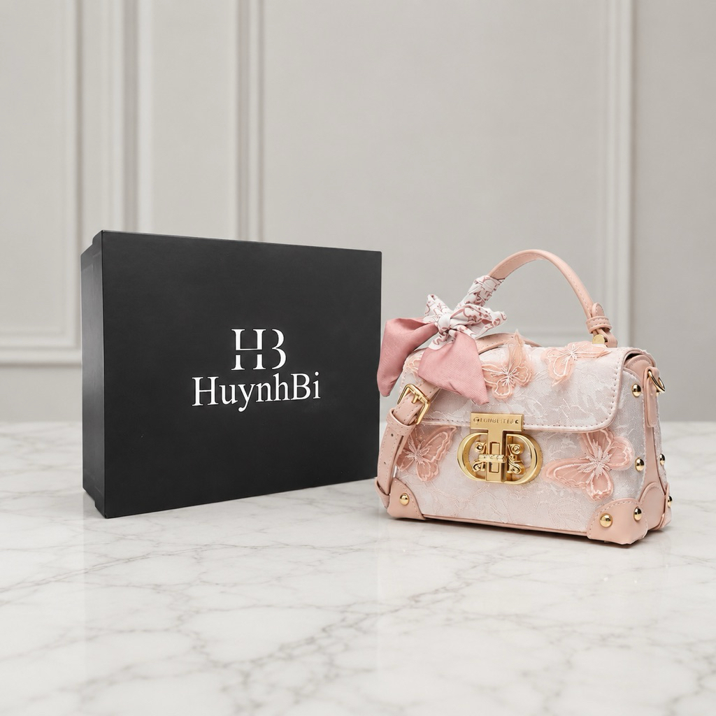 B3_Túi Cốp Phủ Ren Thêu, Hoạ Tiết Bướm Đính 3D, Có Hộp Cao Cấp, HuynhBi Luxury