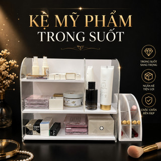 Kệ Để Bàn, Kệ Đựng Đồ, Kệ Mỹ Phẩm Trong Suốt Mica 5mm, Kệ Tủ Đựng Đồ Trang Điểm Gỗ Nhựa PVC Trắng Để Bàn 2, 3 Tầng