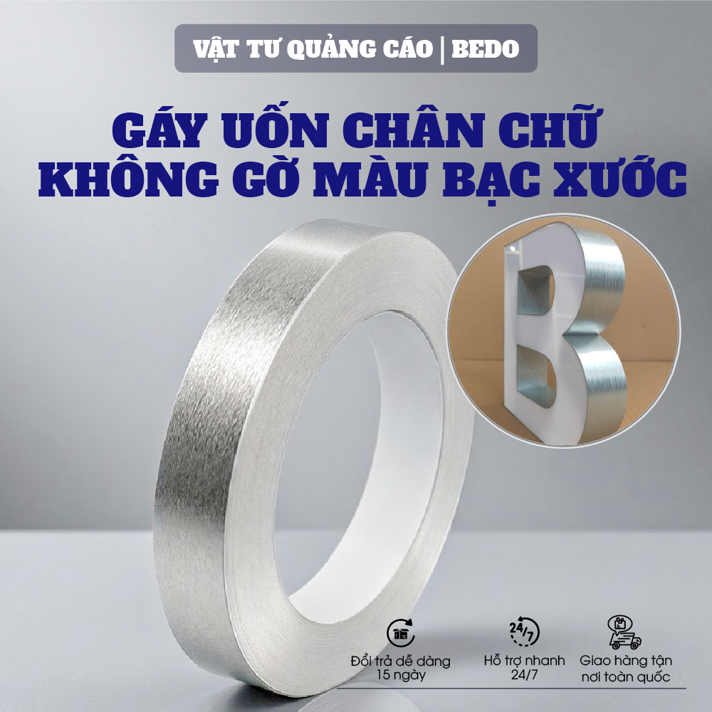 Gáy Uốn Chữ Nổi BEDO Nhôm Phẳng Bạc Xước 0.6mm Cuộn 100m Làm Chữ Nổi Quảng Cáo Cao Cấp