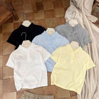 VMY Studio - Áo polo cổ ren hoa tay ngắn ren xinh xắn trẻ trung, áo thun cổ ren cá tính QC nữ