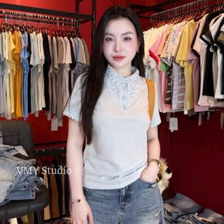 VMY Studio - Áo polo cổ ren hoa tay ngắn ren xinh xắn trẻ trung, áo thun cổ ren cá tính QC nữ
