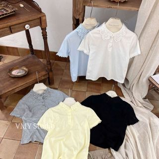 VMY Studio - Áo polo cổ ren hoa tay ngắn ren xinh xắn trẻ trung, áo thun cổ ren cá tính QC nữ