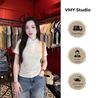 VMY Studio - Áo polo cổ ren hoa tay ngắn ren xinh xắn trẻ trung, áo thun cổ ren cá tính QC nữ