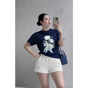 Bộ Thun Nữ Form Rộng PONG,Cổ Tròn,InHOA,Chất Cotton(Áo NAVY+Quần thun nữ TRẮNG)CP_21542