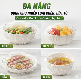 Túi gần 100 Màng Bọc Thực Phẩm Co Giãn PE Có Chun – Bọc Rau Củ, Thức Ăn, Bát Đĩa Cốc Chén Chống Bụi