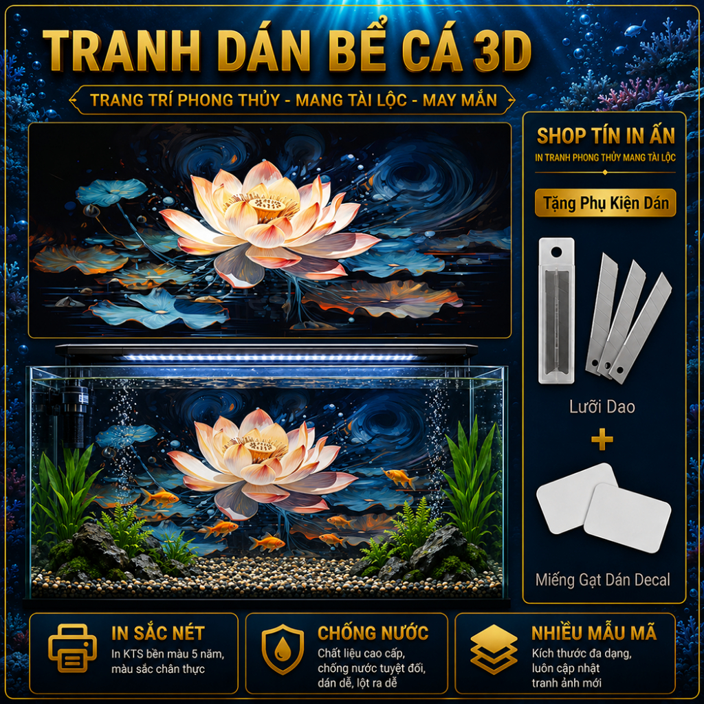 Decal tranh dán hồ cá 3D Kho In Ấn HC20 chống nước, In KTS dán dễ, gỡ dễ, có keo sẵn, nhiều kích cỡ