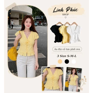 Áo Sơ Mi Đũi Cổ Tim Phối Ren Có Nơ Dàng Babydoll, Áo Kiểu Nữ Mùa Hè Style Hàn Quốc