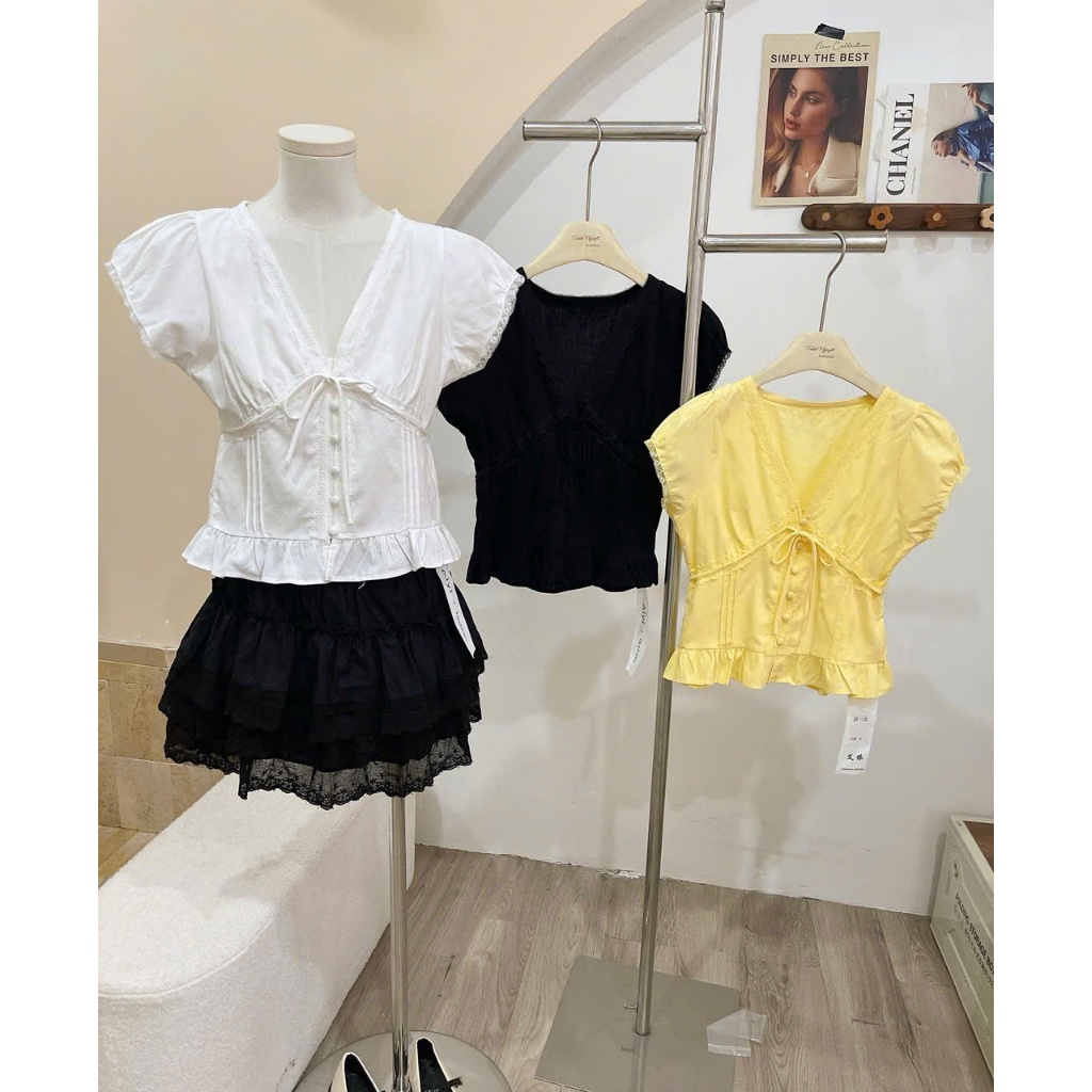 Áo Sơ Mi Đũi Cổ Tim Phối Ren Có Nơ Dàng Babydoll, Áo Kiểu Nữ Mùa Hè Style Hàn Quốc