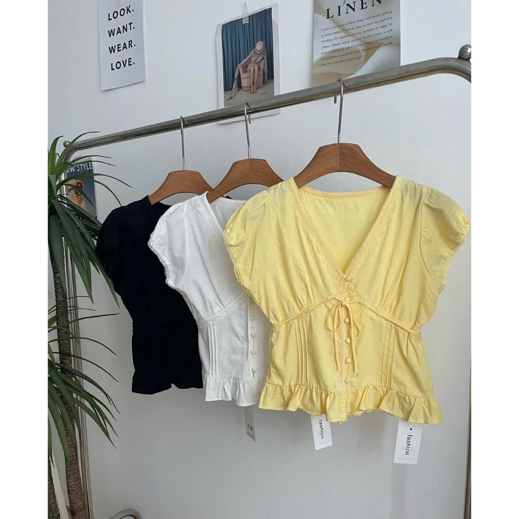Áo Sơ Mi Đũi Cổ Tim Phối Ren Có Nơ Dàng Babydoll, Áo Kiểu Nữ Mùa Hè Style Hàn Quốc