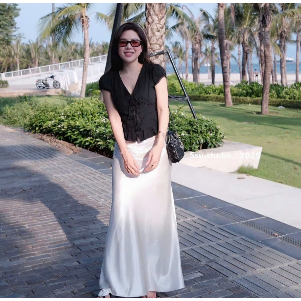 Áo Sơ Mi Đũi Cổ Tim Phối Ren Có Nơ Dàng Babydoll, Áo Kiểu Nữ Mùa Hè Style Hàn Quốc